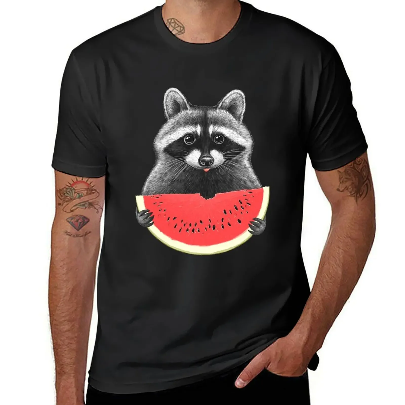 

Raccoon eating watermelon T-Shirt plain vintage t shirts men t shirts high quality