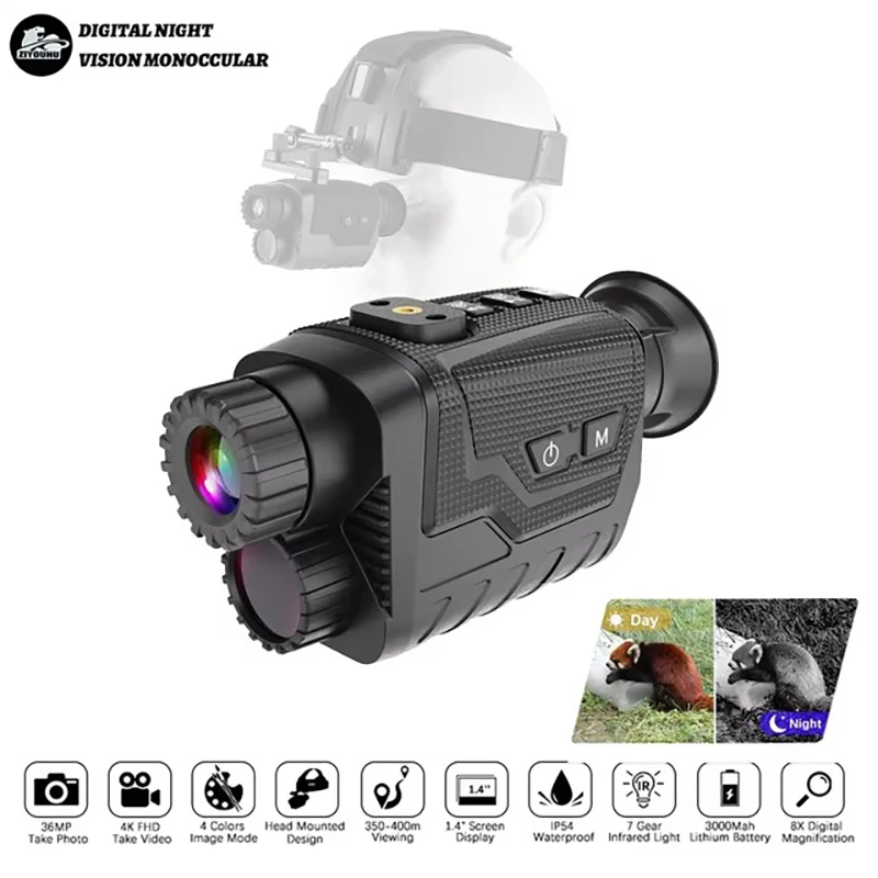 

ZIYOUHU-Digital Monocular, Night Vision, 4K Photo, 1080P Video Camera for Head Mounted, Long Range Hunting Patrol, NV8260, 350-4