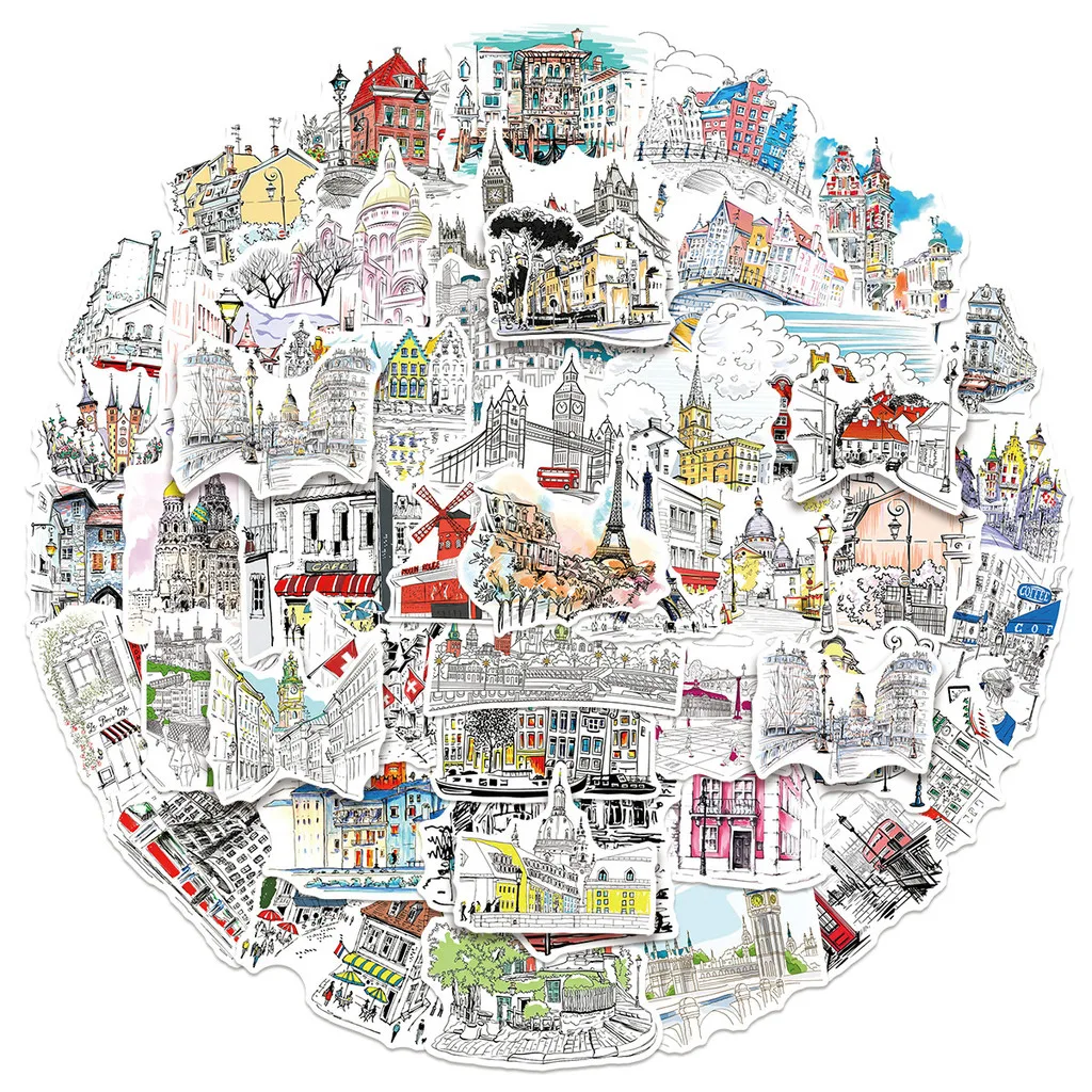 50Pcs Hand Drawn Travel Landmark Building Graffiti Stickers Waterproof Decals for Luggage Phone Case Guitar Papery Pop Store