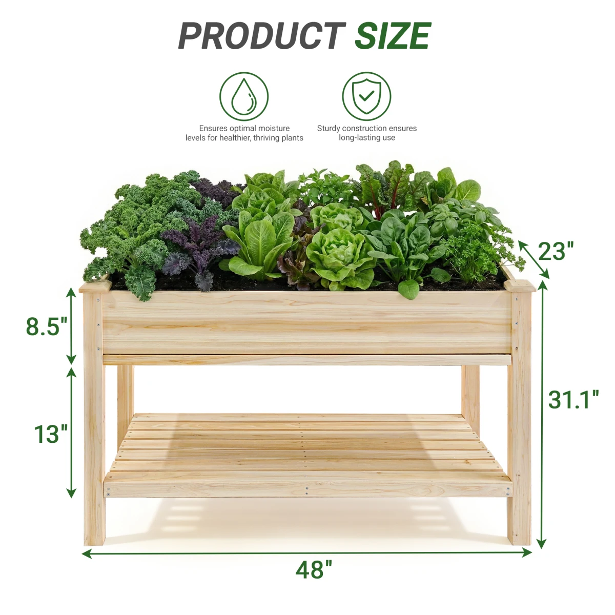 Raised Garden Bed 48x23x31.1-inch Elevated Wood Planter with Water Collection Tray, Storage Shelf, Protective Liner