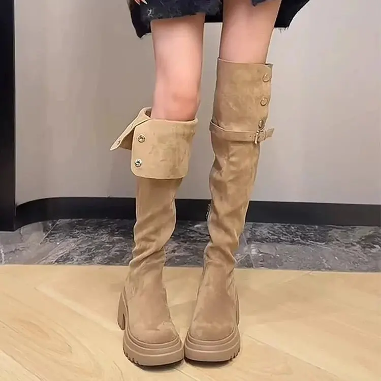 Knee-high Fashionable Thick-sole Two-wear Flip Slimming Knight Boots Women's Autumn Winter New Style Korean Version round Toe
