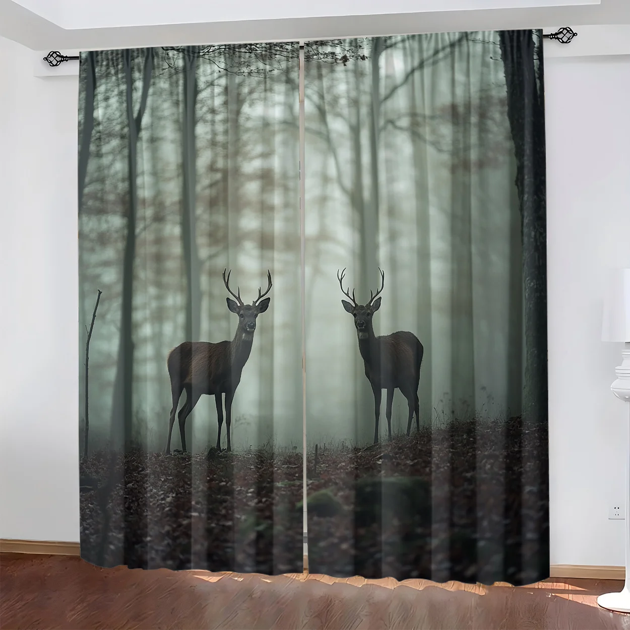 Misty Forest Stag Deer Curtain 2 Panels,Two Antler Buck Foggy Woodland Dark Green Nature Print,Drapes for Bedroom Nature Curtain