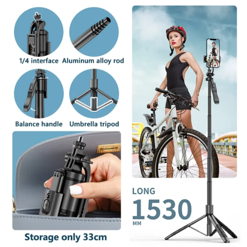 FANGTUOSI Wireless Selfie Stick Tripod 1530mm Foldable Monopod for Gopro Action Cameras Smartphones iPhone 13 14 Xiaomi