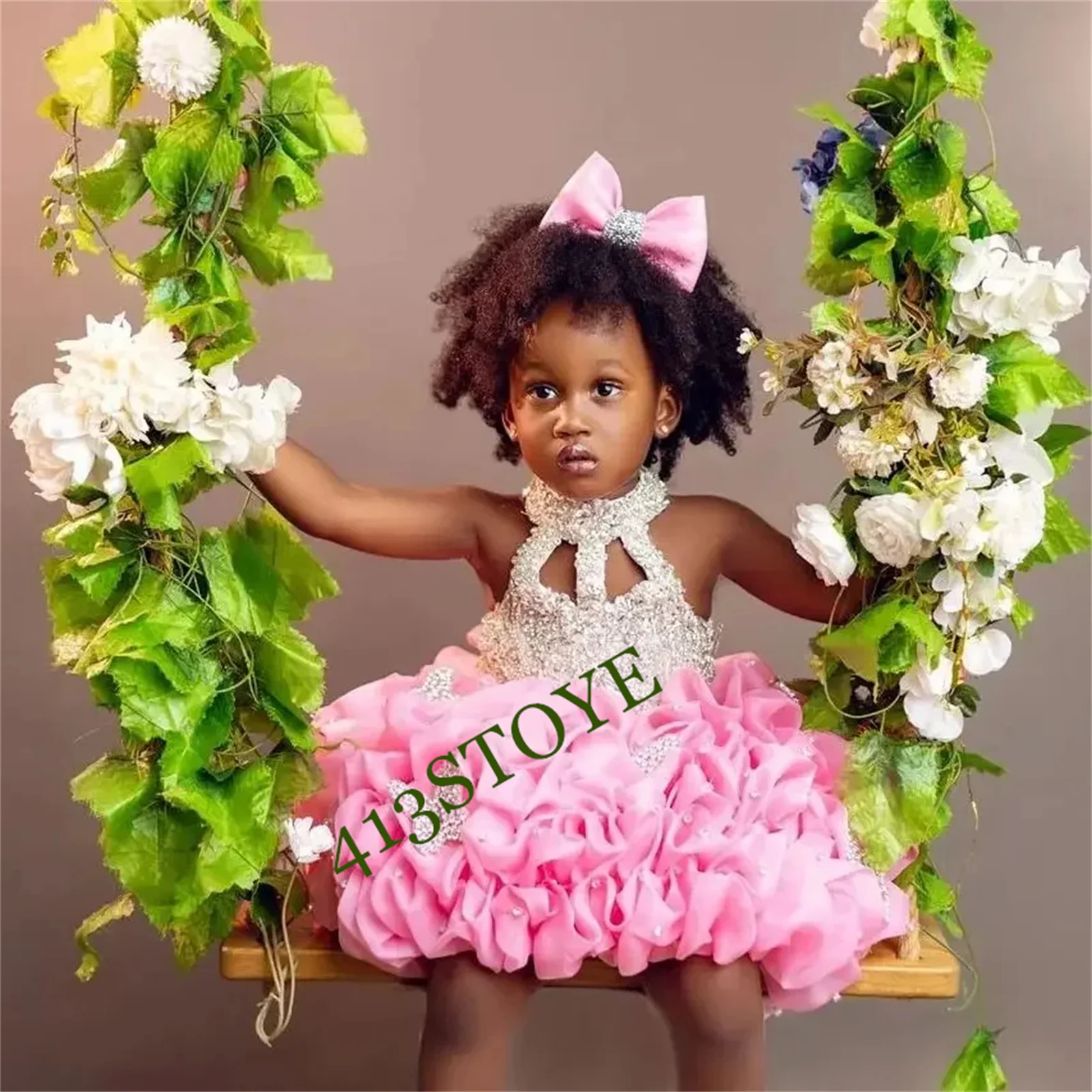 

CustomizedFlower Girl Dress Lovely Pink Peal Princess Evening Dresses Lace Applique For Wedding Ball Pageant Kids Birthday Party