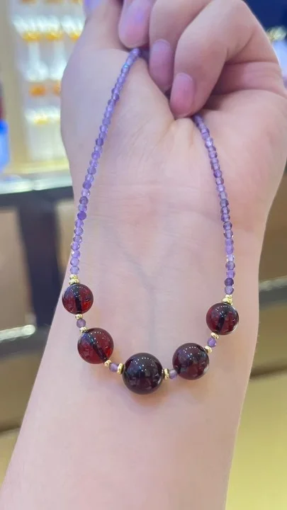 

Fashion Natural Blood Amber 7-9mm & Natural Amethyst String Choker 925 Silver Stone Bead Necklace Original Chinese Style Jewelry