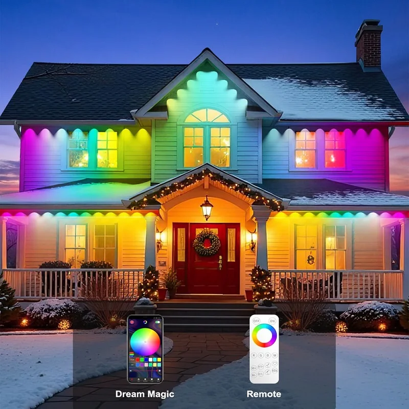 

RGB Eaves LED Lights 15M 30M Permanent Outdoor Waterproof Bluetooth APP, 40 Keys Remote Control LED String Party Wedding Light