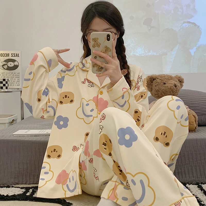 

Spring Cartoon Nightwear Autumn Girls Young Women's Pajama Sets Pyjamas Femme Sleepwear Female Loungewear Pijama Mujer Homewear