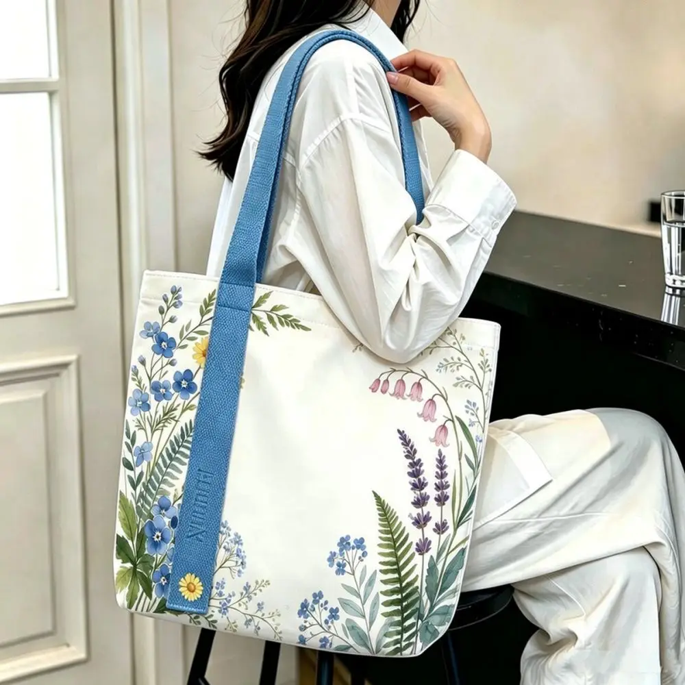 Fashionable Canvas Tote Bag Spring Garden Theme Cute Cartoon Shoulder Bag Simple Open Design Versatile Shopping Handbag Durable