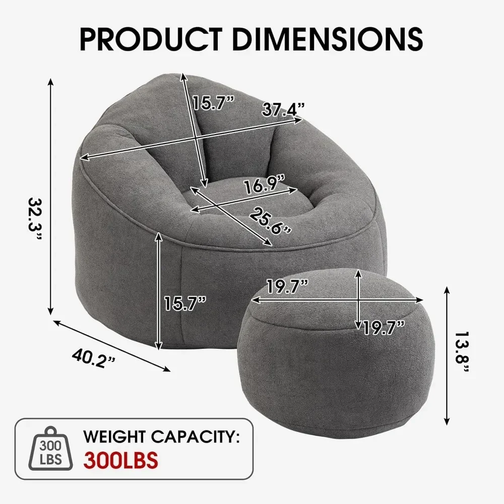 Beanbag Sofa, bantalan serat prima, Sofa dengan bangku kaki dan busa memori isi, Sofa abu-abu dalam dan luar ruangan