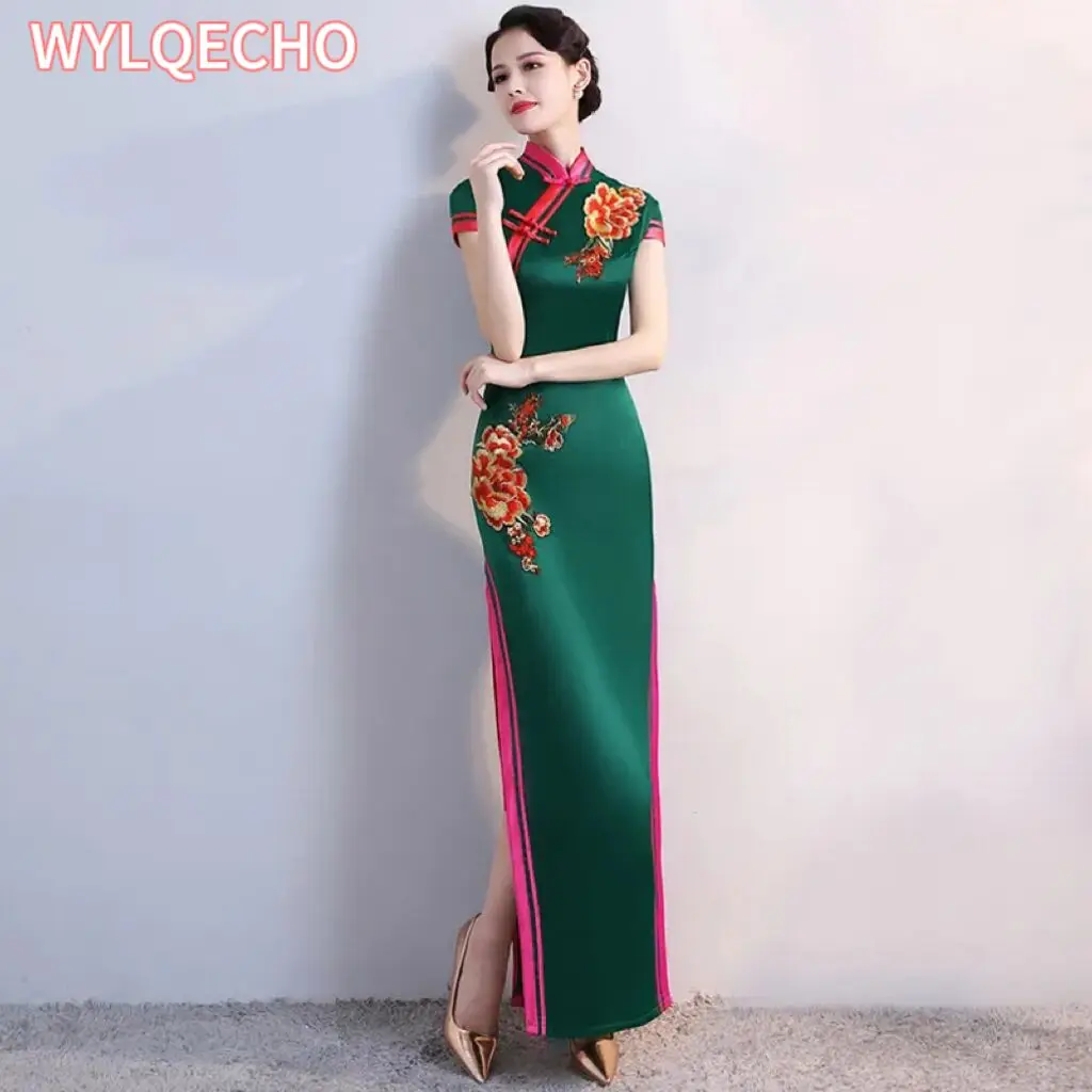 

S-5XL Grren Party Cheongsam Vintage Chinese Style Spring Long Evening Dress Oriental Woman Elegant Qipao Vestido