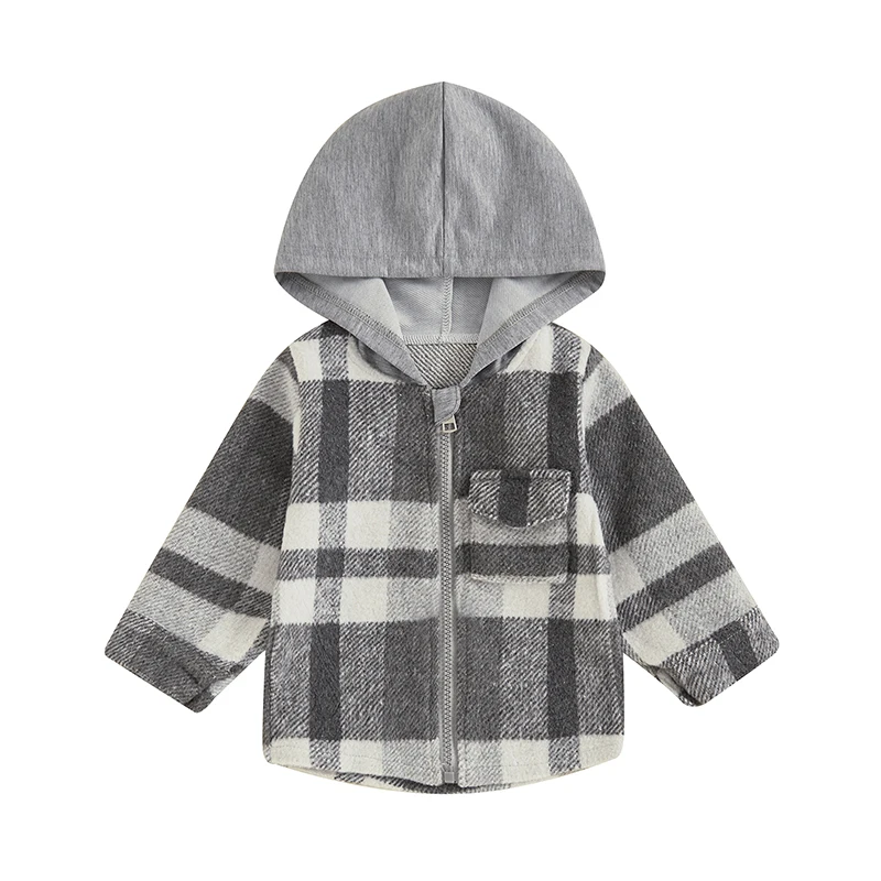 Toddler Boys Jackets Long Sleeve Zip Up Plaid Print Hooded Shirts Tops Baby Coats Outwear