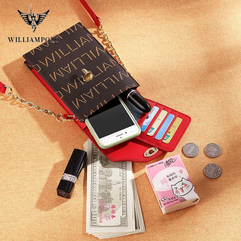 WILLIAMPOLO Women\'s Wallet Shoulder Mini Leather Bags Straps Mobile Phone Big Card Holders Wallet Handbag Money Pockets Girls