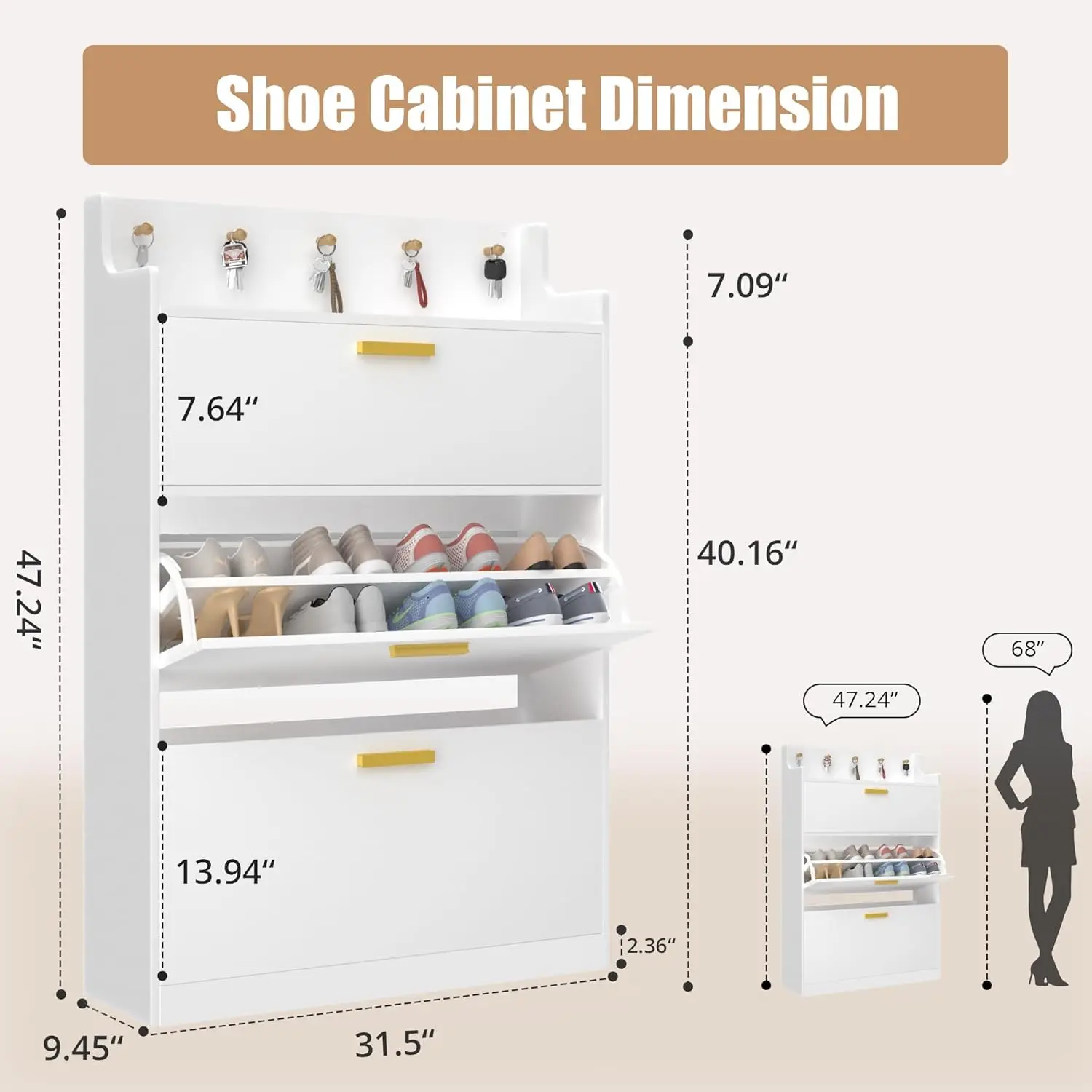 Shoe Cabinet with 2 Flip Drawers for Entryway, Freestanding Narrow Hidden Storage Organizer with Hooks and Raised Edge