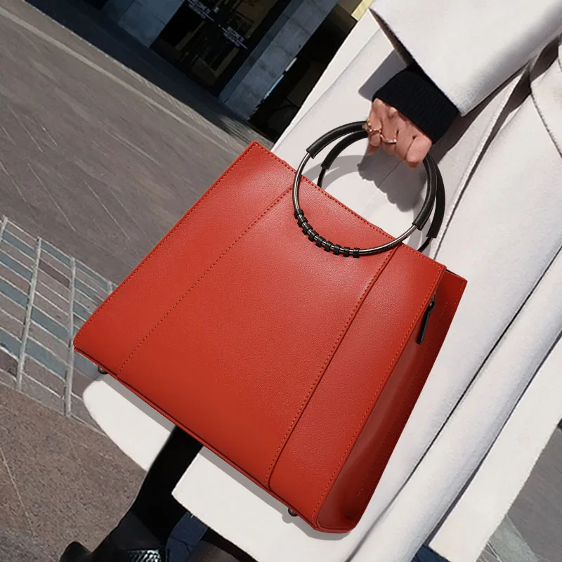 Women's Smooth Leather Tote Bag with Circular Ring Handle, Elegant Top Handle Satchel, Ladies Crossbody Bag for Work & Daily Use
