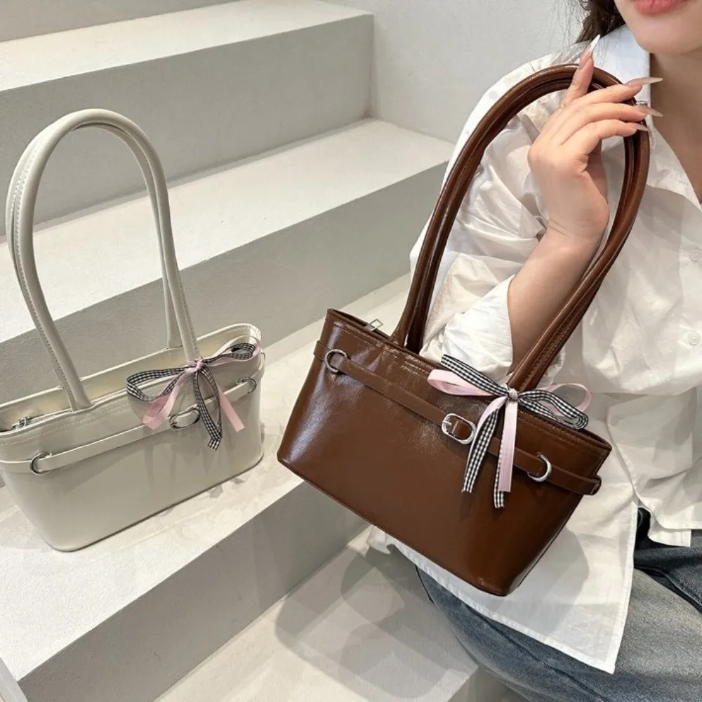 Sweet PU Leather Bow Ribbon Shoulder Bag Korean Style Y2K French Stick Underarm Bag Zipper Leisure Women Handbag Women