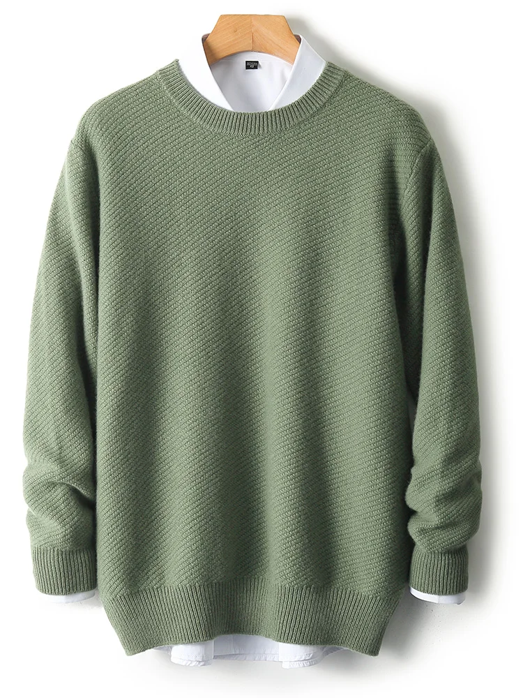 Men’s Casual Loose Autumn Winter Thick O-Neck Solid Pullover 100% Merino Wool Knitted Sweater Soft Warm Clothing Top