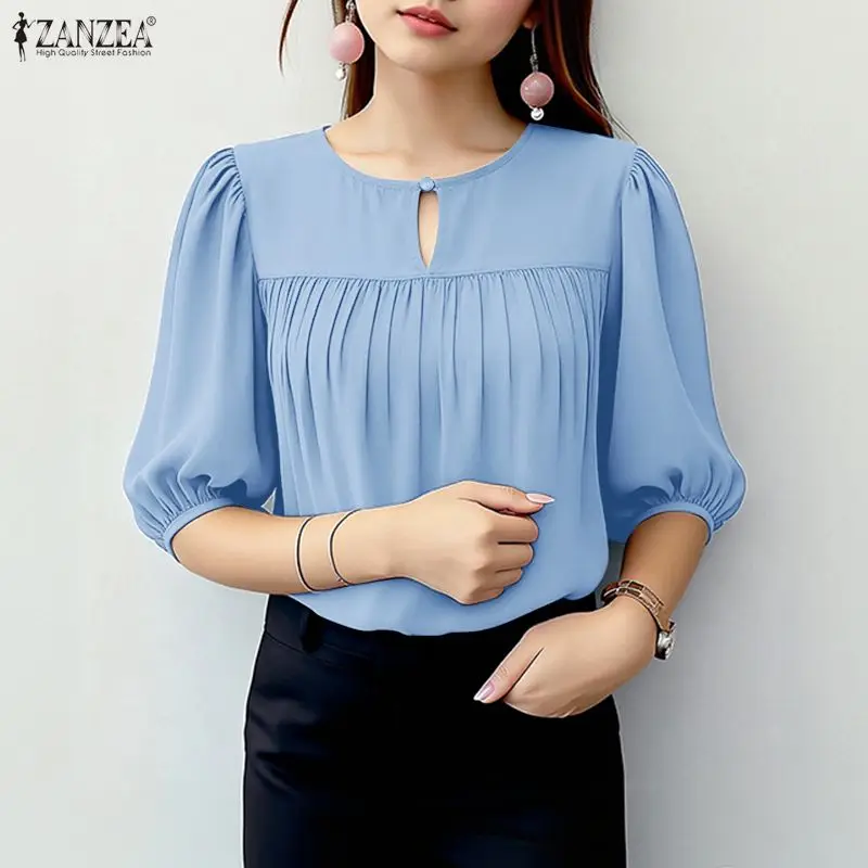 

Stylish Summer Blouse ZANZEA Women O Neck Short Sleeve Tops Elegant Solid Color OL Work Shirt Casual Pleated Mujer Holiday Tunic