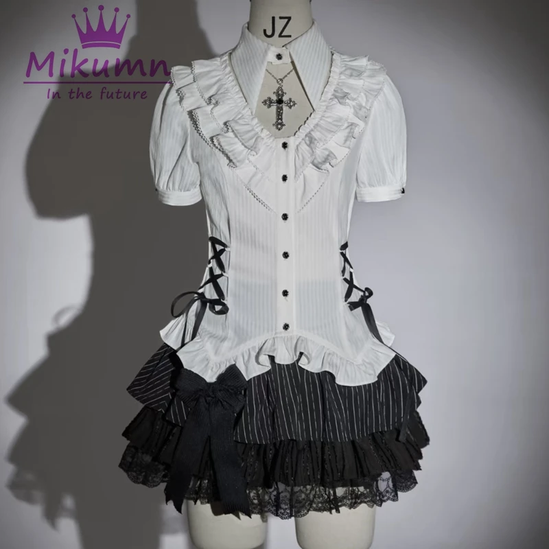 Mikumn Gothic Grunge Damen Rock-Sets Retro Rüschen-Schnürhemd + Schwarzer Spitzenrock 2-teiliges Outfit Streetwear Punk Y2k Outfit