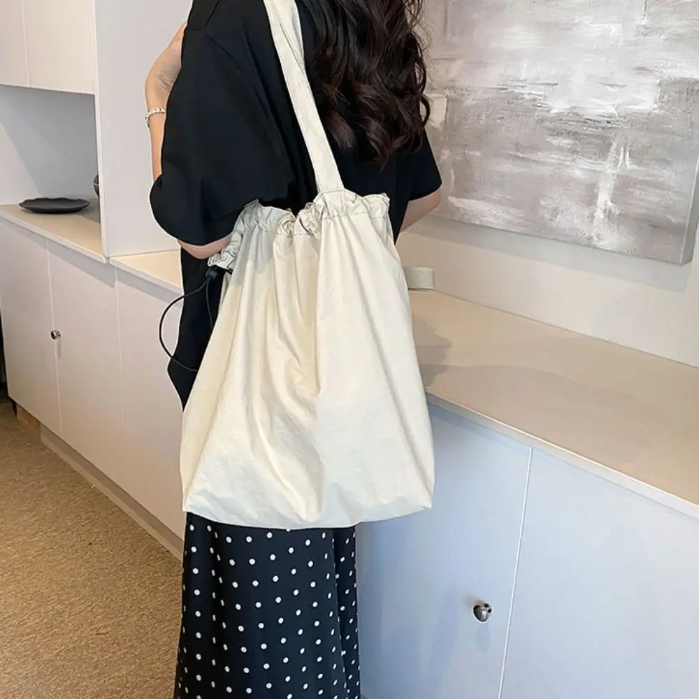 

Solid Color Drawstring Tote Bag Reusable Washable Shopping Bag Large Capacity Environment-Friendly Canvas Handbag Girls