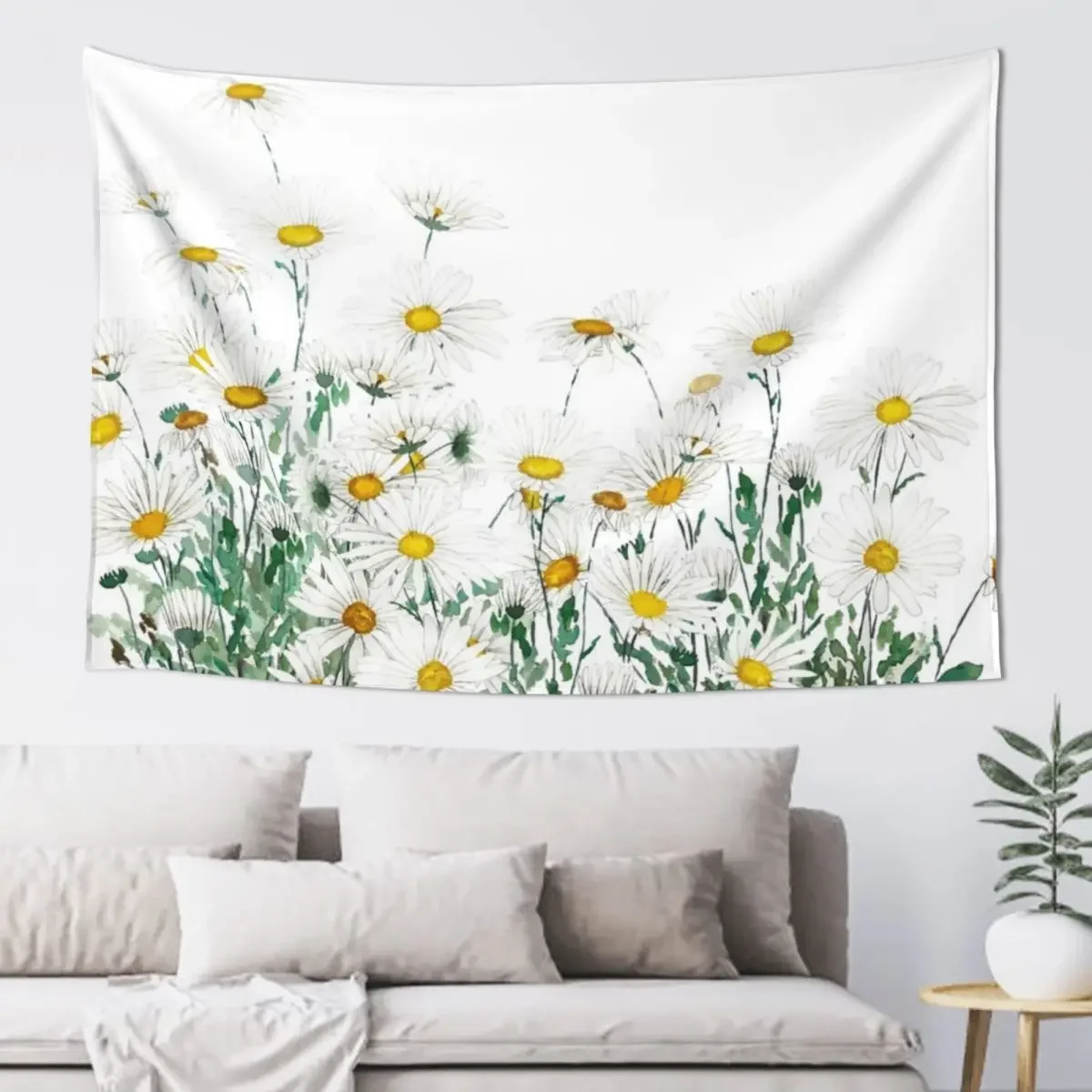 

white margaret daisy horizontal watercolor painting Tapestry Wall Deco For Bedroom Aesthetics For Room Tapestry