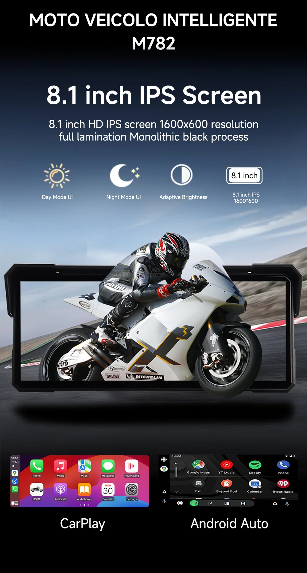 JIUYIN 8,1/7 Zoll Kabelloses CarPlay Moto Android Auto Tragbares IPX8 Motorrad-Armaturenbrett-Navigationsdisplay Bildschirmmonitor – Detail 1