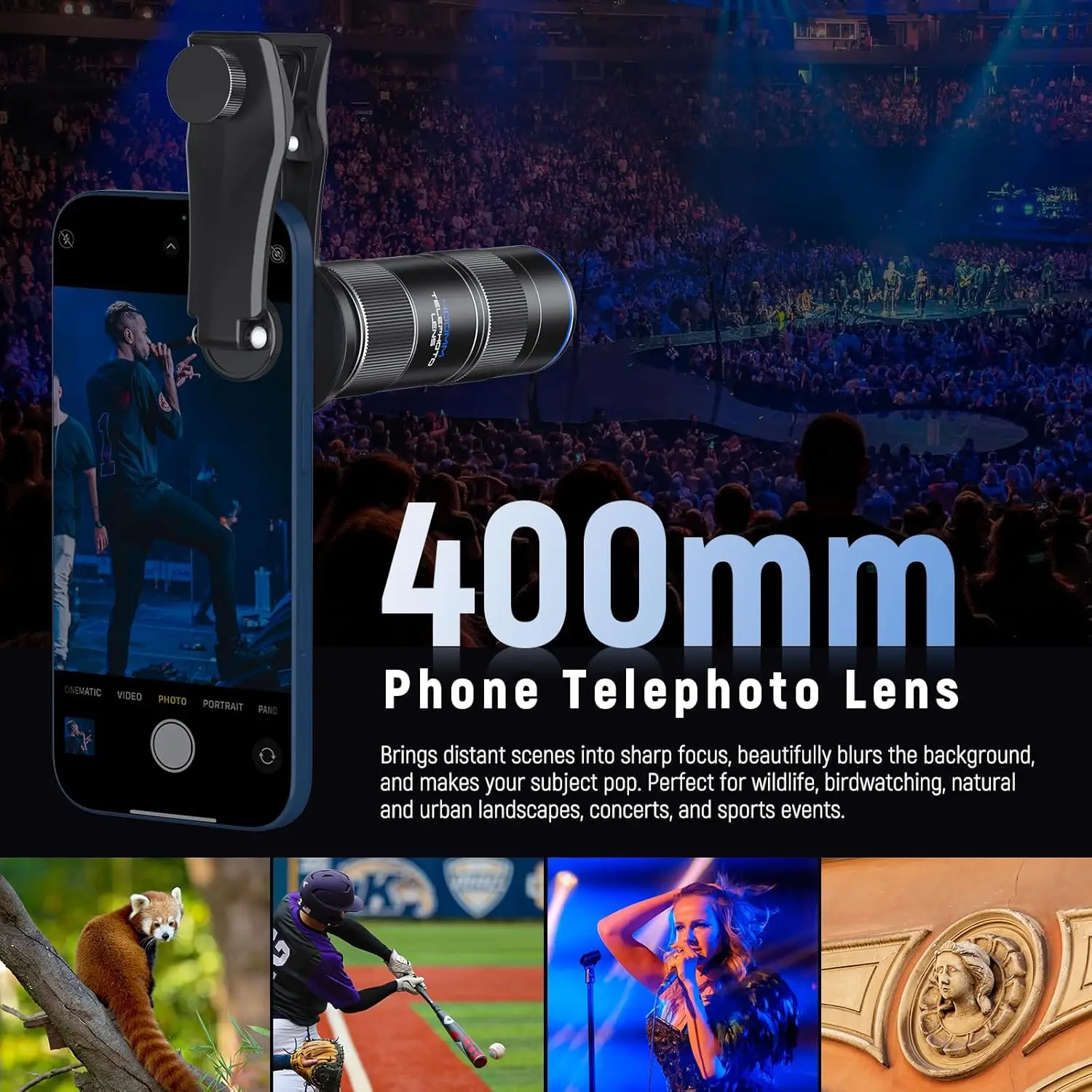 NEEWER 400mm Telephoto Phone Camera Lens with 17mm Threaded Lens Clip 70cm Minimal Macro Focus Distance For iPhone Samsung