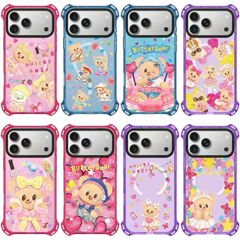 Cartoon Yellow Bear 4 Corner Magnetic Protective Phone Case Cover for IPhone 15 16 17 Pro Max Case for IPhone 17Pro