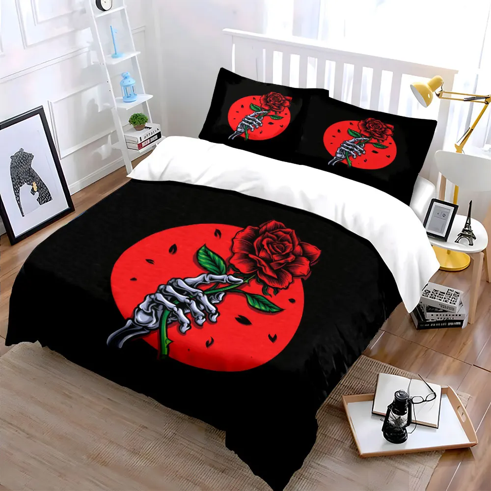 Skeleton Rose Artistic Decor Set Bedding Set with 1 Duvet Cover 2 Pillowcases Single Double King Queen, Gift