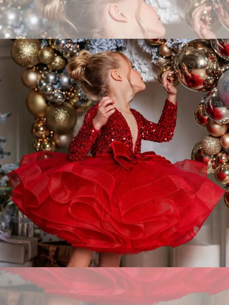 red velvet Flower Girl dress lovely tulle short skirt wedding kids pageant formal occasion party birthday Sequins evening gown