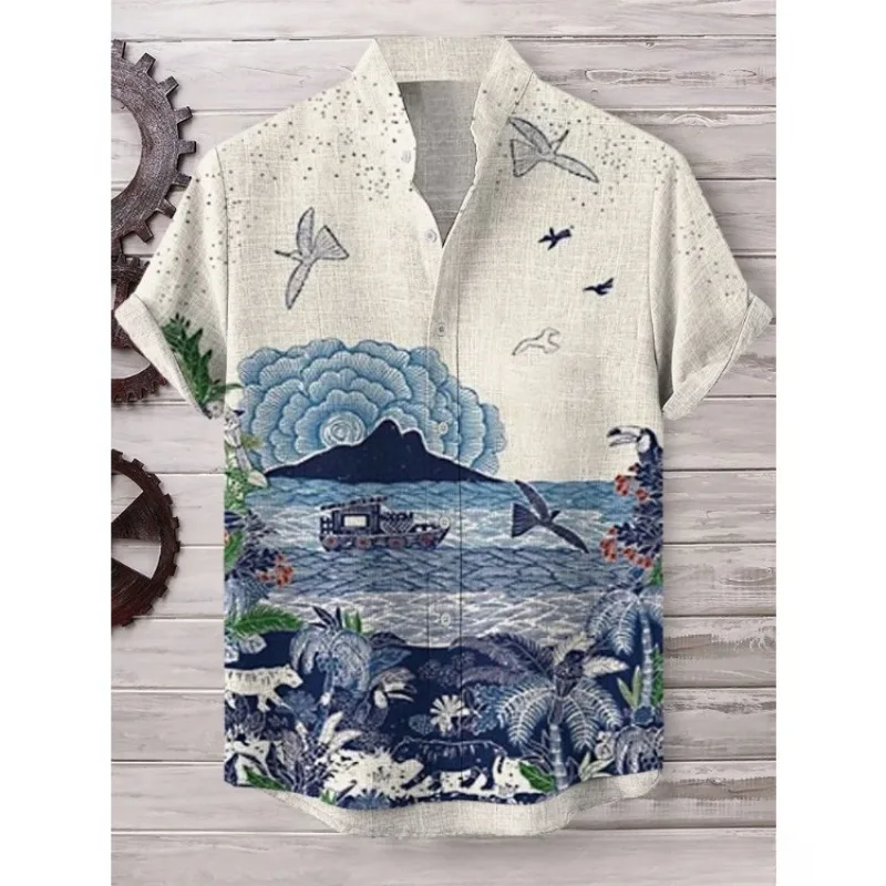 Chemises Hawaïennes Japonaises de Calmar pour Homme, Vintage, Manches Courtes, Décontracté, Harajuku, Hip Hop, Streetwear, Paysage Océanique, Vêtements Y-Men