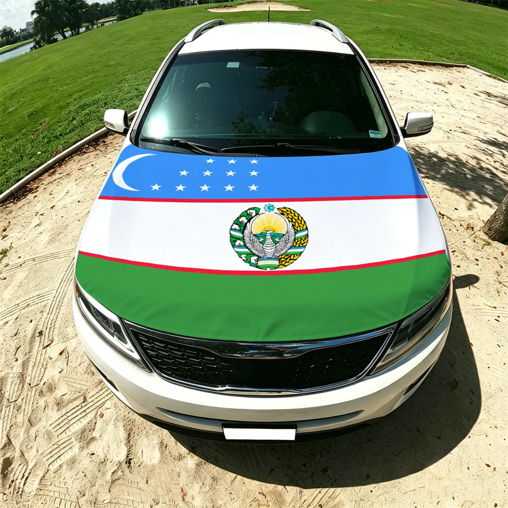 130x160cm Uzbekistan Flag Car Hood Cover, Elastic Windproof Patriotic Bonnet Banner Cheer for the competition