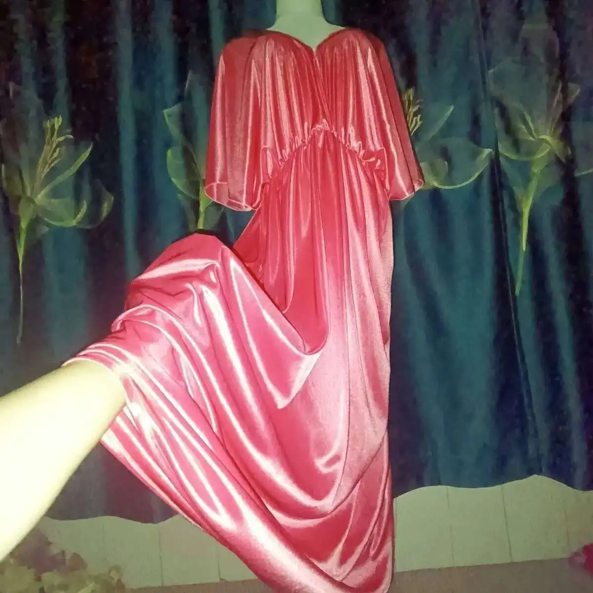 Solid Glossy Backless Women Satin Loose Maxi Dress Deep V Neck Plus Size Sexy Sleeping Robe
