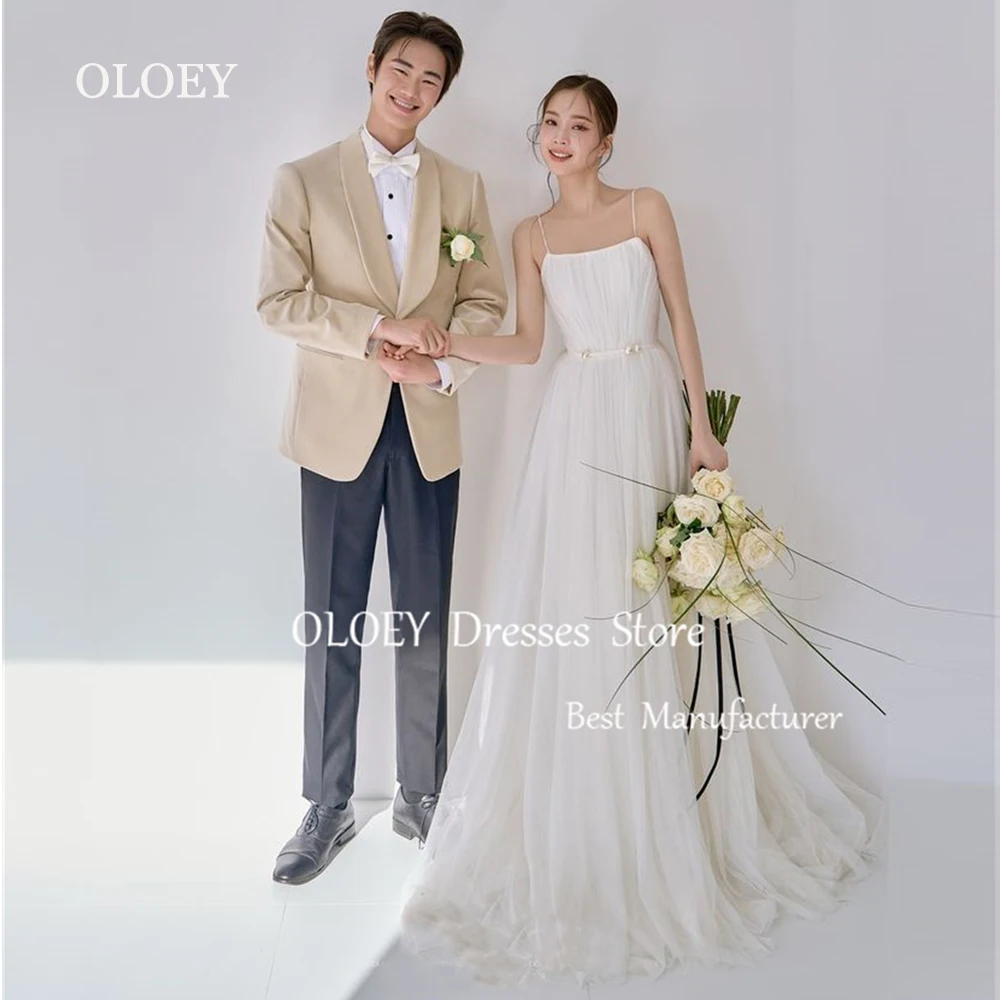 

OLOEY Elegant Ivory A Line Wedding Dress Korea Photoshoot Spaghetti Straps Bridal Gown Sleeveless Floor Length Pearls Sashes