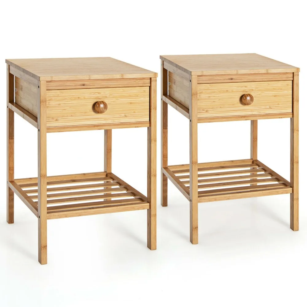 2PCS Bamboo Nightstand Natural Side End Table w/Drawer for Living Room Bedroom