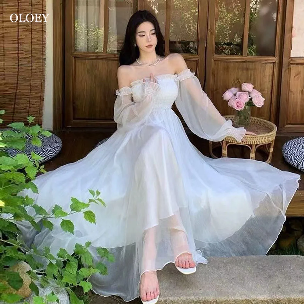 

OLOEY Simple White Tulle Ruched A Line Korean Wedding Dress Photoshoot Square Collar Ankle Length Formal Bride Gowns Custom Made