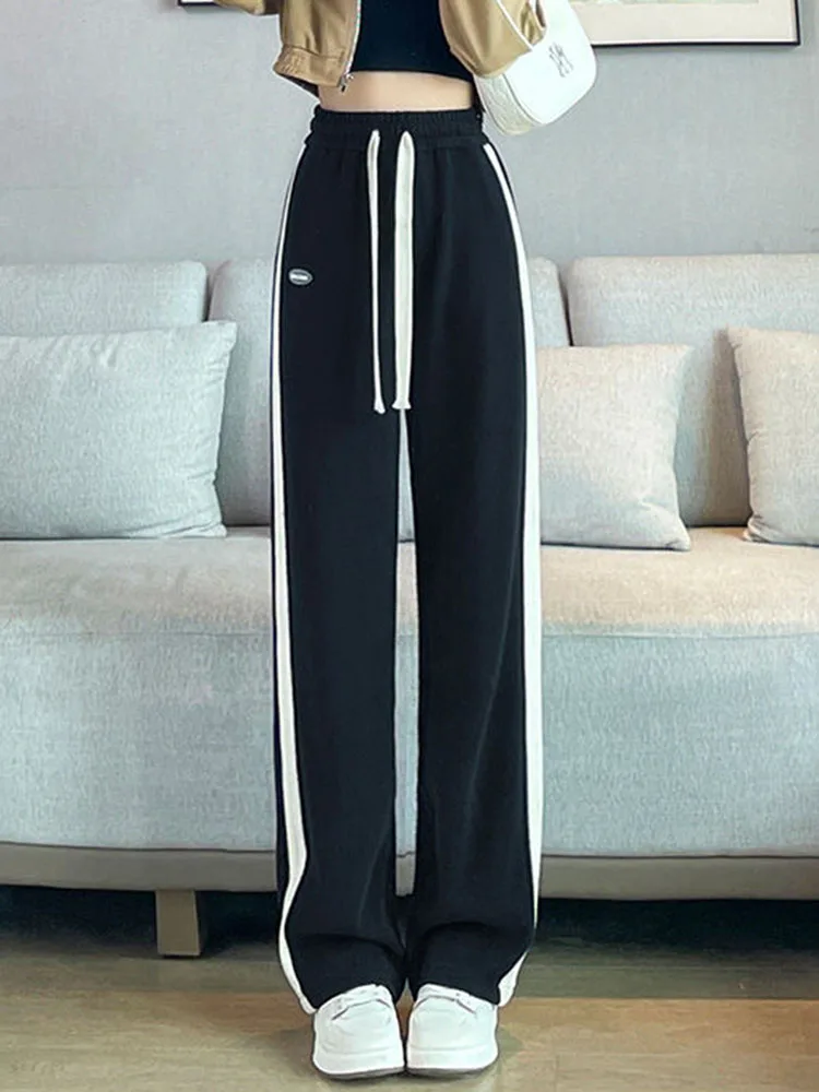 الجانب مخطط عالية الخصر مرونة الخصر السراويل المستقيمة الكورية موضة فضفاض واسعة الساق بنطلونات المرأة Sweatpants فضفاضة غير رسمية