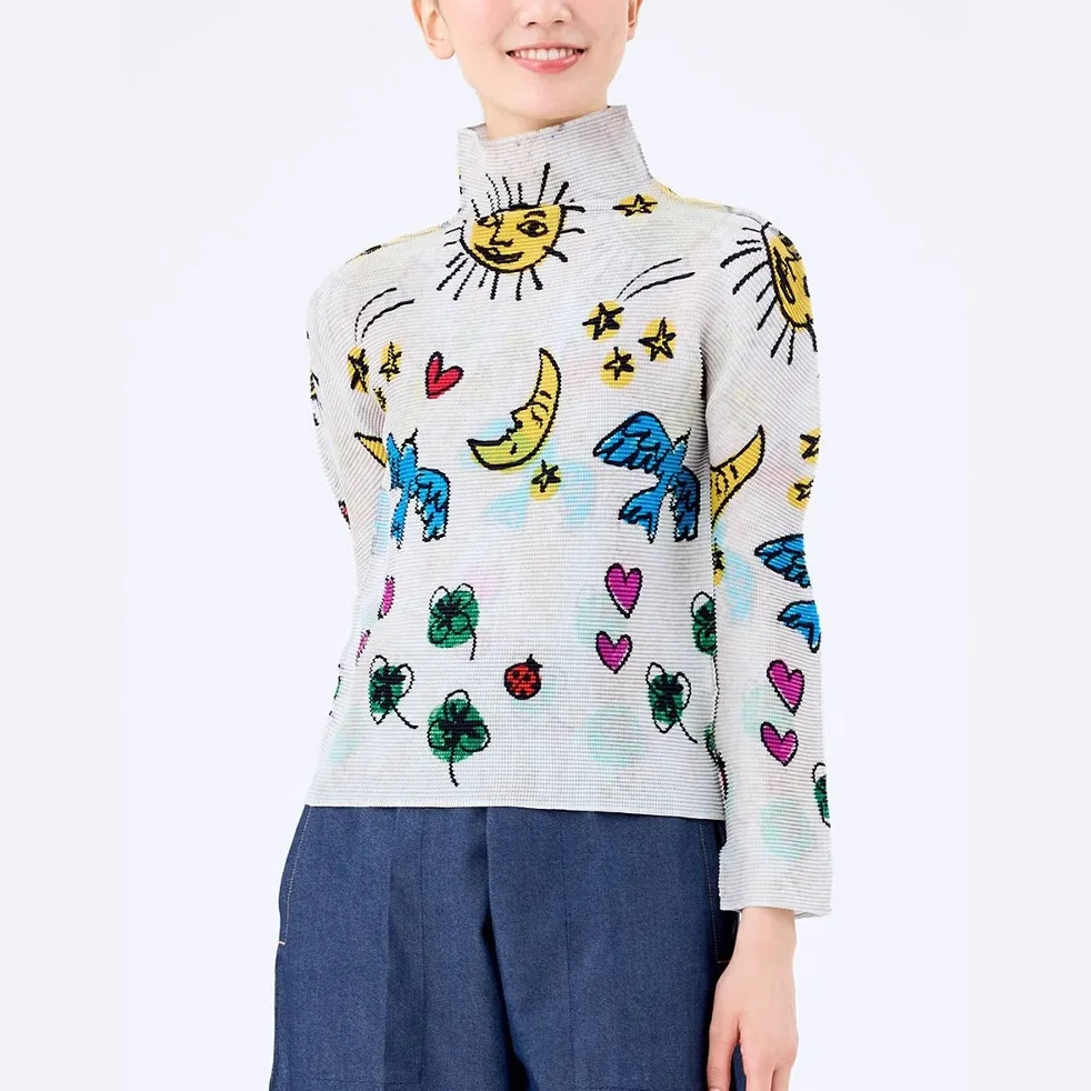 

Miyake Fashion Slim Fit Inner Pleated Top Elegant Half High Collar Printed Pullover Elastic Women's Long Sleeve T-Shirt