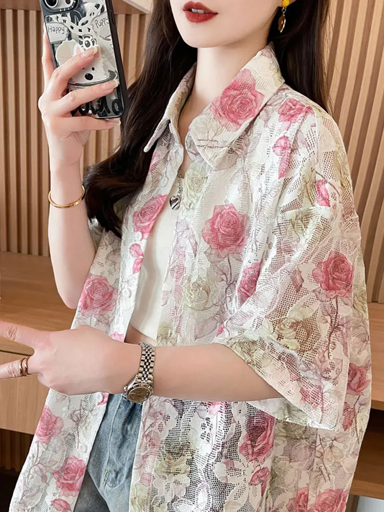 

Summer Women's Loose Fit Ice Silk Thin Chiffon Shirt Breathable Sun Protection Outerwear Korean Style Button up Short Sleeve