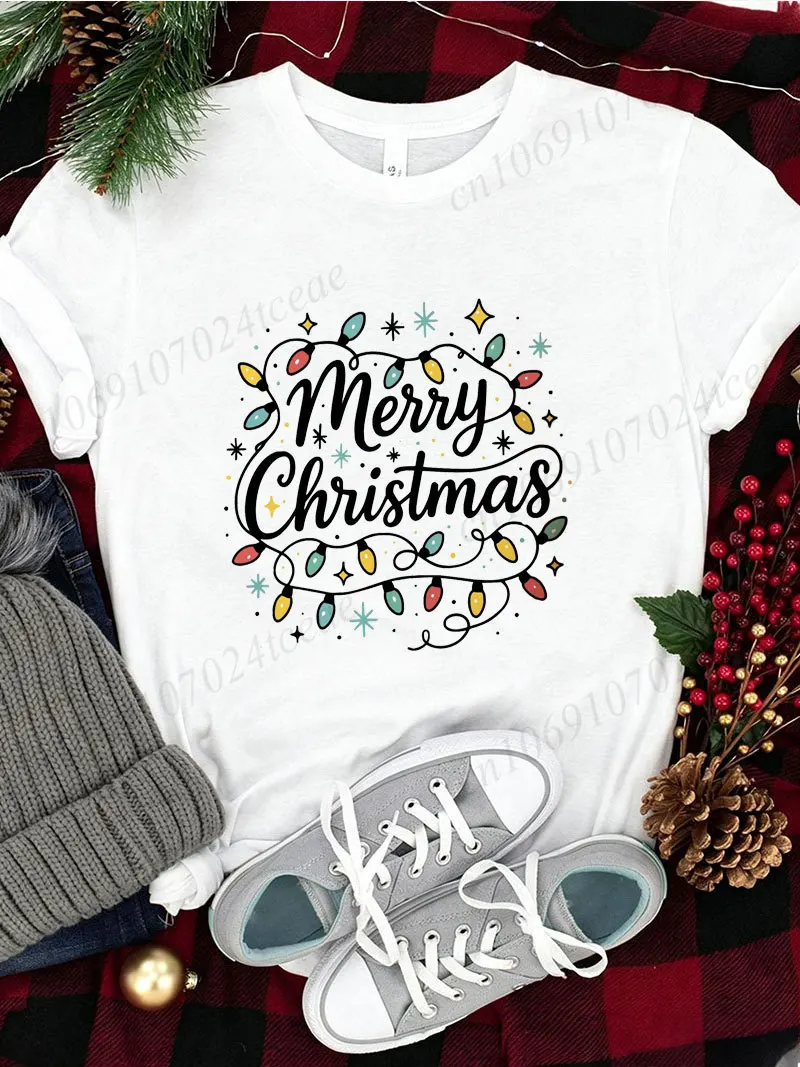 Women Merry Christmas T Shirt Christmas Lights Snowflake Graphic Tee Xmas Holiday Casual Short Sleeve Unisex T-shirt Gifts