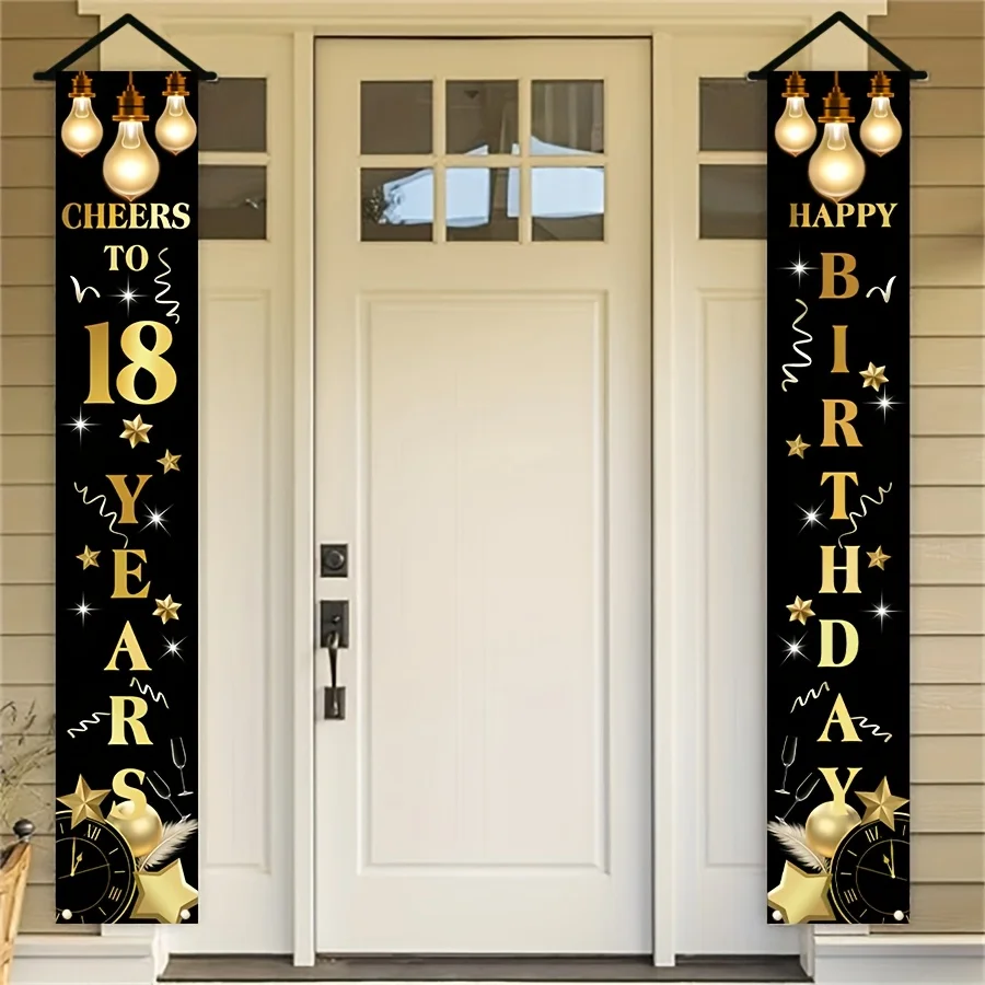 Banner plano 2D, 1 par de decoraciones de feliz cumpleaños número 18 en negro y dorado, banners colgantes para puerta con temática de 18 años, para rendir homenaje a