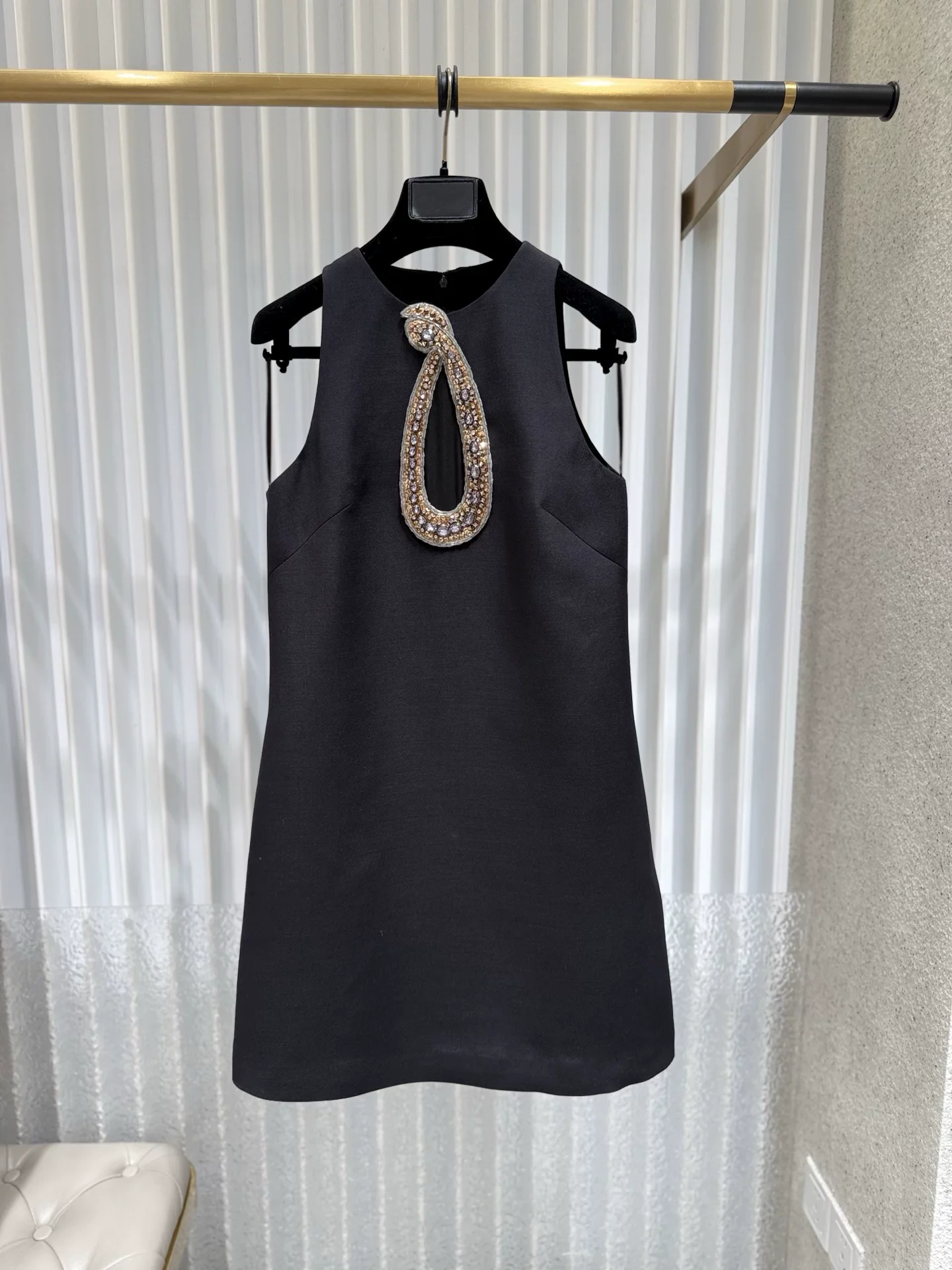 Luxury Silk Wool A Line Dress Women Round Neck Rhinestone Beaded Cutout Mini Dress Black For Cocktail Party