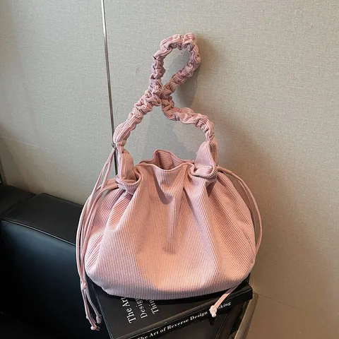 Large Capacity Women Drawstring Corduroy Shoulder Bags Versatile Ladies Crossbody Bag Simple Solid Color Female Handbags Tote