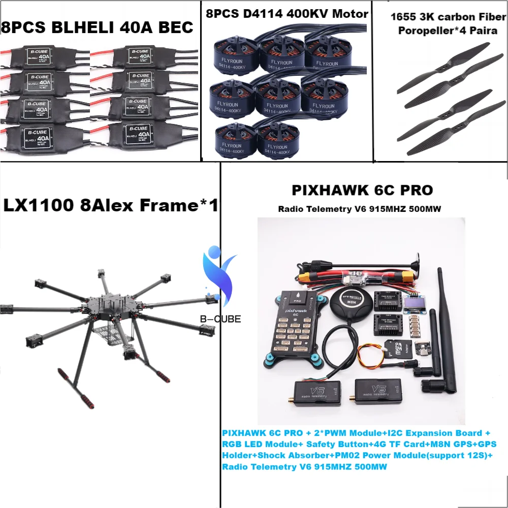Angeltoy LX1100 Full Carbon Fiber 1100mm Octa-Rotor Frame 6C PRO M8N/M9N/M10 Flight Comtrol Set BLHELI 40A ESC D4114 Motor