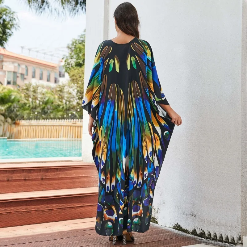 女性用ビーチ外出用ドレス カフタン チュニック 着物 ルーズ水着 ビキニ カバーアップ ロング水着 ドレス ボヘミアンスカート プリント