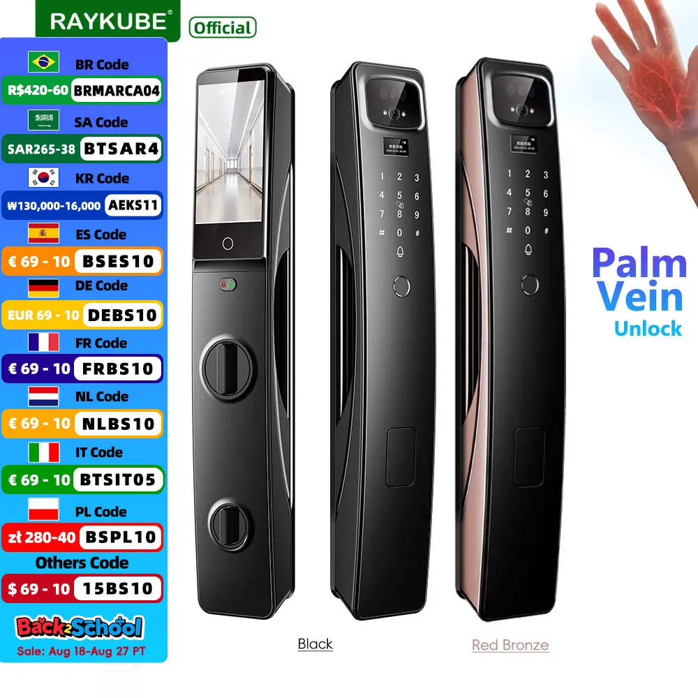 RAYKUBE BN1 Tuya WiFi Camera Palm Vein Smart Lock Face Recognition Digital Fingerprint Lock With Video Call 2*Lithium Batteries