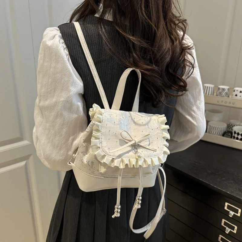 Fashion Sweet Lace Trimmed Drawstring Casual Backpack with Bow Detail,Top Handle Bag for Daily Use Girls Handbag Shoulder Bags