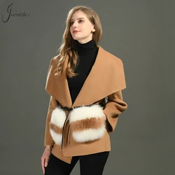 Jxwatcher Wool Coats for Women Real Fox Fur Pocket Ladies Fashion Double Face Cashmere Jacket with Belt Autumn Winter Coat New