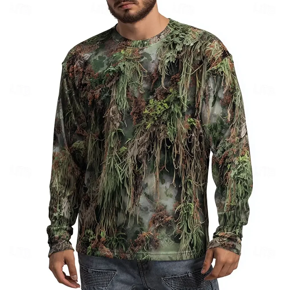Mens 3D Leaf Camo Print Long Sleeve T-Shirts Quick Dry Breathable Lightweight Outdoor Hunting Tactical Casual Sporty Top Pick