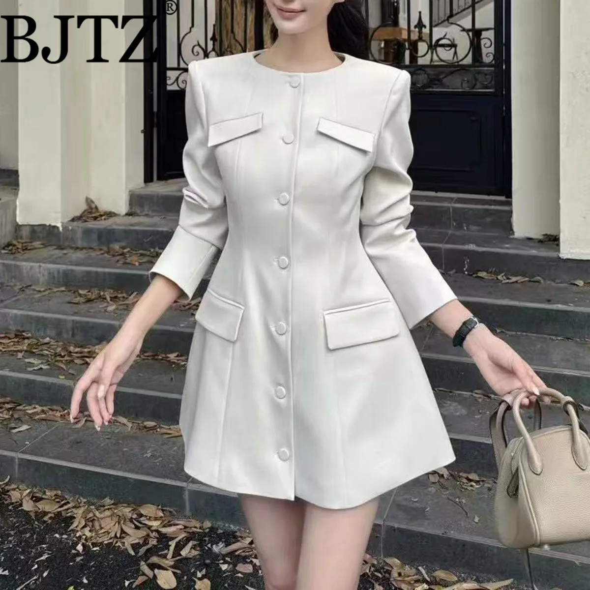 

BJTZ O-neck Solid Color Single Breasted Blazer Dresses For Woman 2025 Spring Autumn New A-line Waist Office Lady Female Jacket