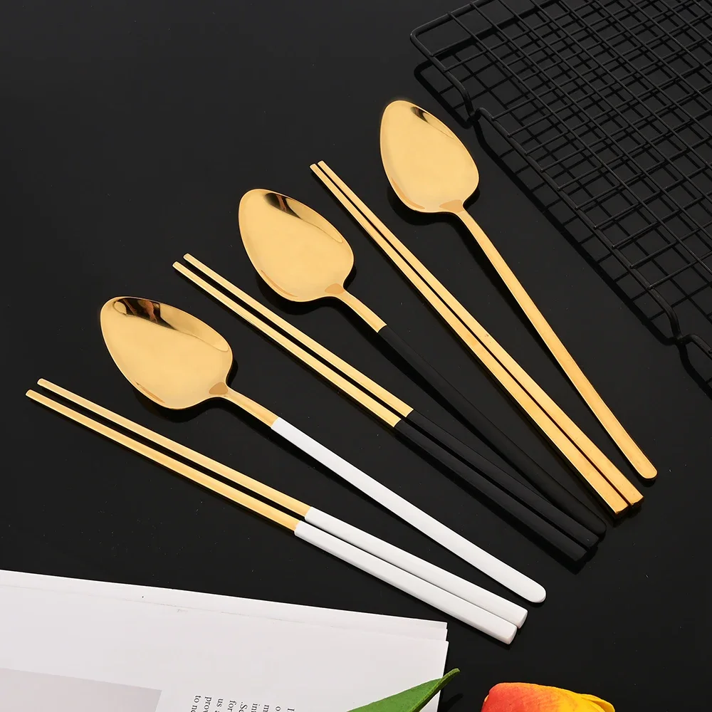Korean 12Pcs Tableware Set High Quality Stainless Steel Dinner Set White Gold Dinnerware Fork Spoon Chopsticks Cutlery Set